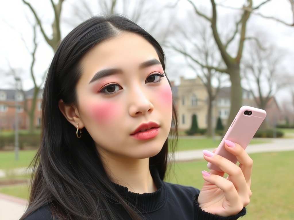 A young woman with a monochrome makeup look featuring pink tones on her eyes, cheeks, and lips, holding a phone in a park.