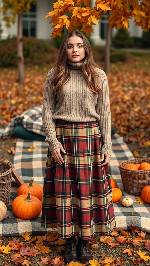 A woman wearing a cozy turtleneck and plaid skirt surrounded by autumn leaves and pumpkins.