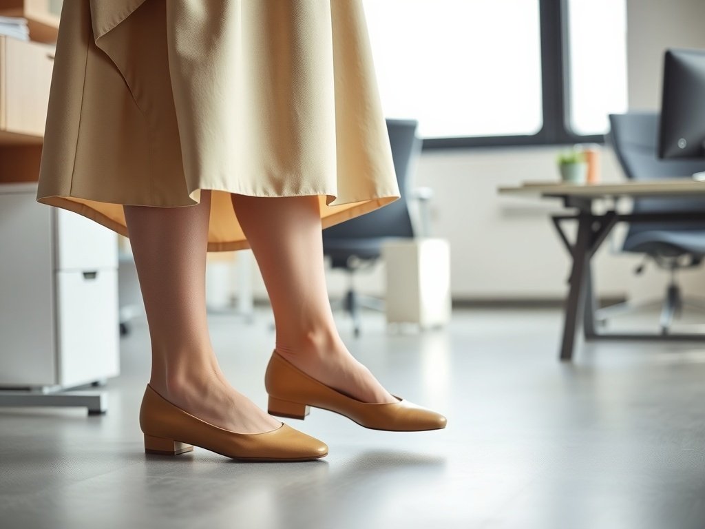 A pair of tan minimalist ballet flats worn in an office setting, paired with a chic outfit.