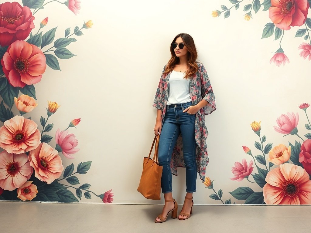 A woman wearing low rise jeans and a kimono, set against a floral background.