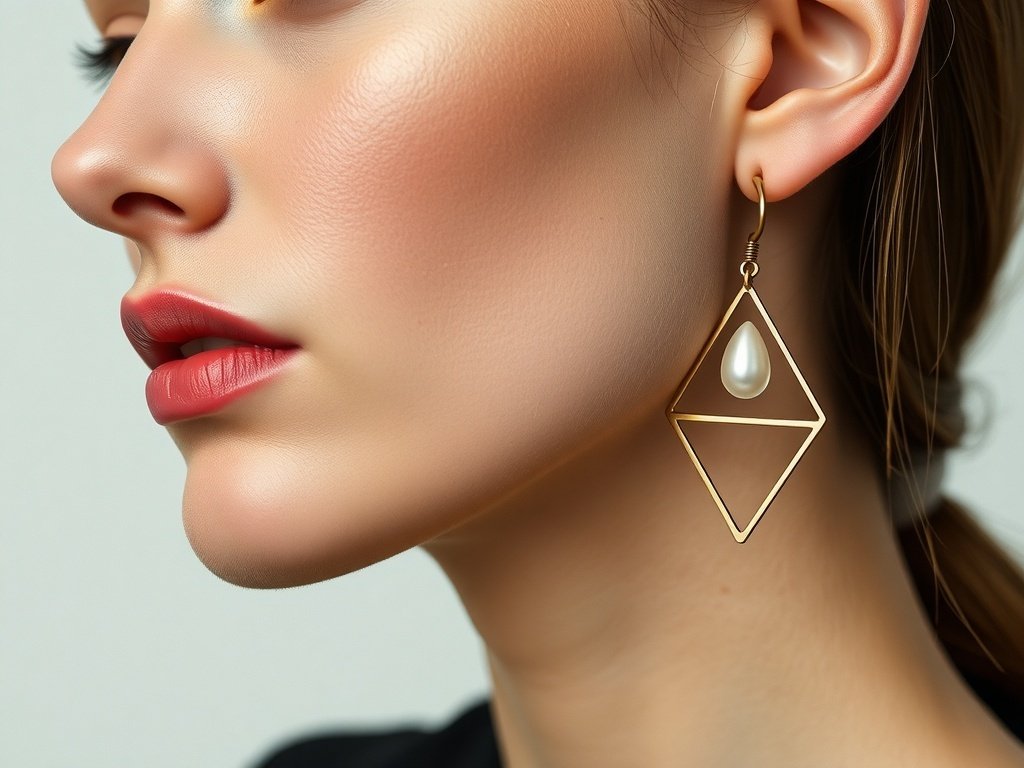 Geometric drop earrings featuring a diamond shape and pearl accent