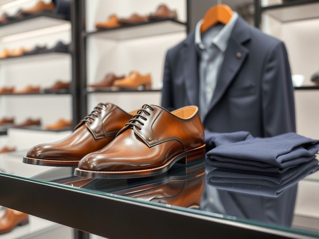 A stylish pair of brown Derby shoes displayed in a shoe store, showcasing polished leather and a sleek design.