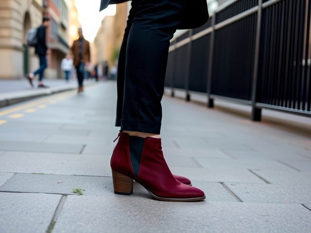 Burgundy ankle booties with low heel worn with black trousers in an urban setting