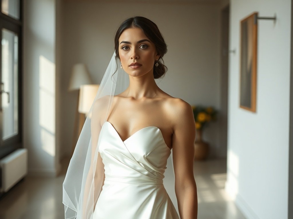 A bride wearing a modern minimalist satin slip dress with spaghetti straps, standing in a softly lit indoor setting.