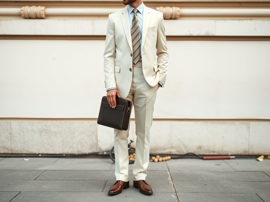 A businessman wearing a polished ivory suit with taupe details, brown shoes, holding a briefcase, with sunglasses and a computer bag.
