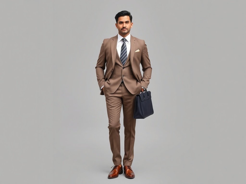 A businessman wearing a modern taupe suit with a bold tie, matching shoes, holding a briefcase, and wearing sunglasses.