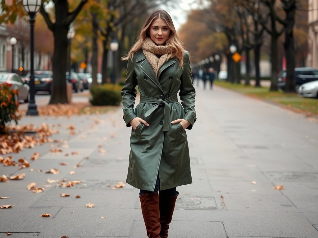 Fashion model wearing an olive green leather trench coat with leggings, matching boots, and a scarf, walking on a city street surrounded by autumn leaves.