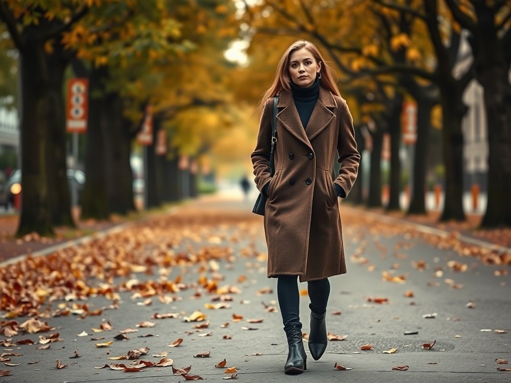 A model wearing a brown wool coat walking on a leaf-covered street in autumn.