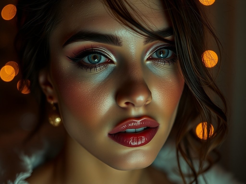 Close-up of a woman's face featuring smudged glitter under-eye makeup and glossy lips, with warm holiday lights in the background.