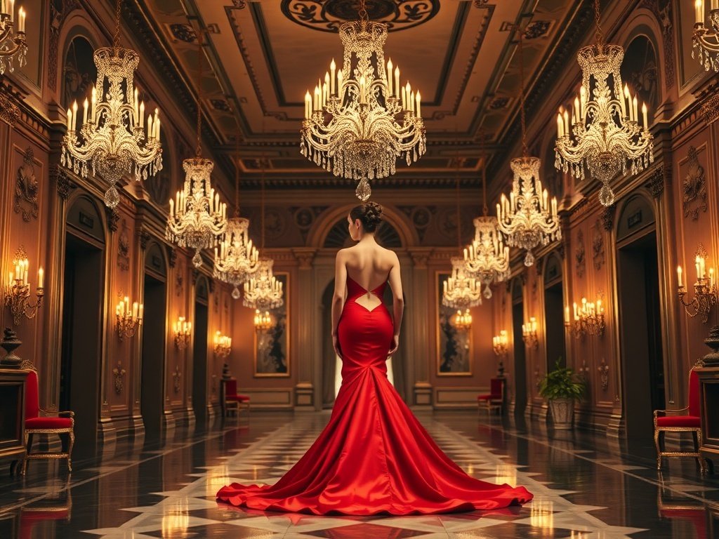 A model in a red dress stands in an opulent hall with chandeliers.