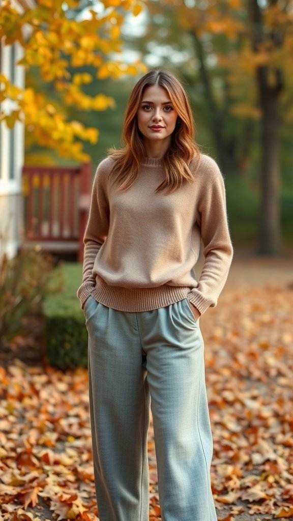 A soft cashmere sweater paired with wide-leg pants, set against a backdrop of autumn leaves.