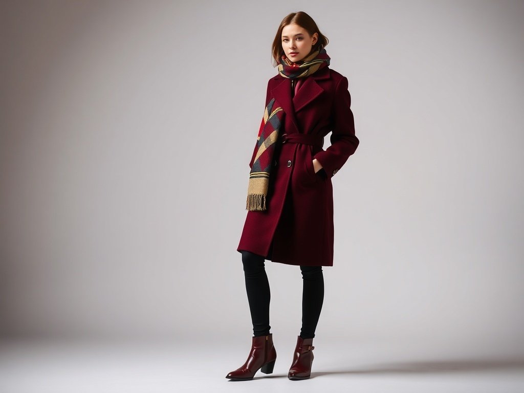 A fashion model wearing a burgundy double-breasted coat, black leggings, matching burgundy boots, and a patterned scarf.
