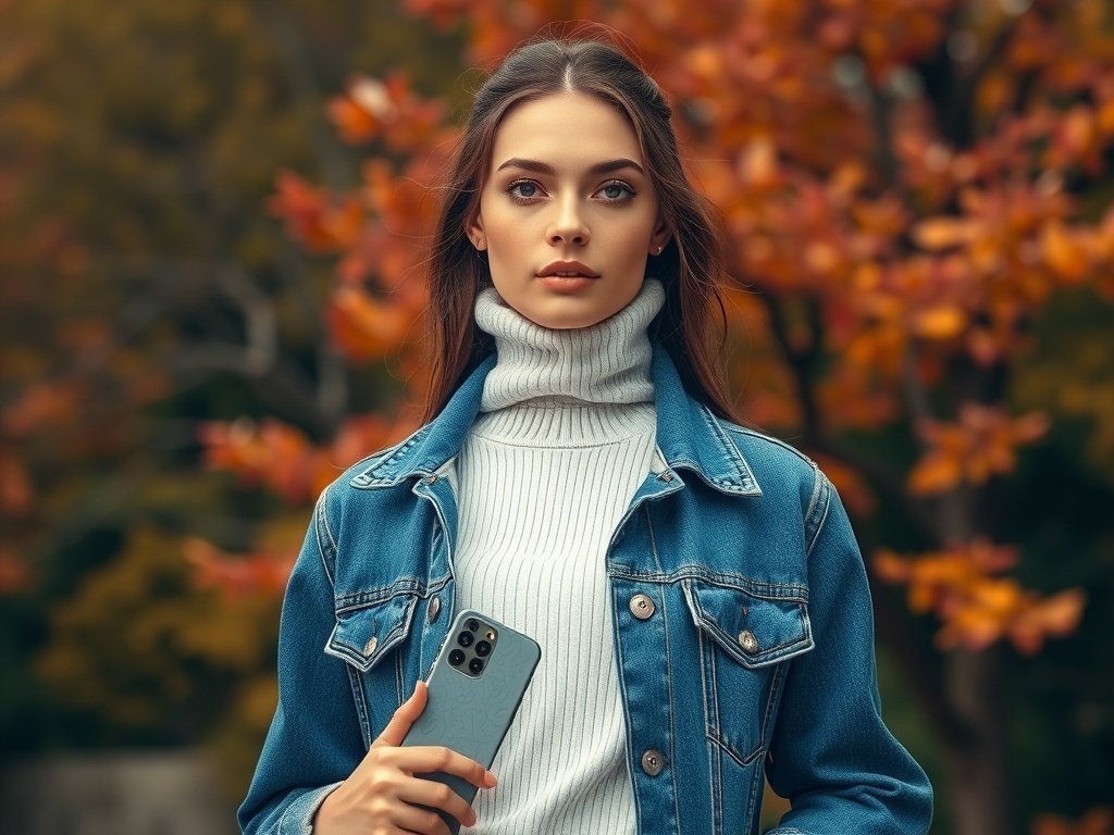 A fashion model wearing a denim jacket and turtleneck, surrounded by autumn leaves.