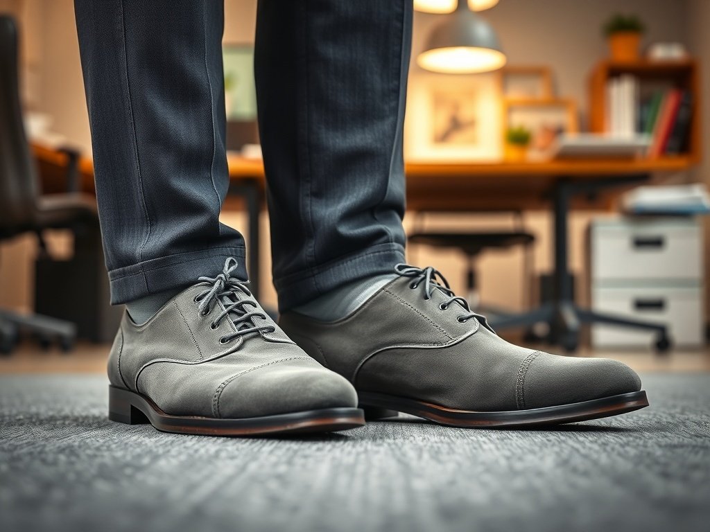 A close-up of stylish grey suede dress shoes worn with tailored trousers in an office setting.