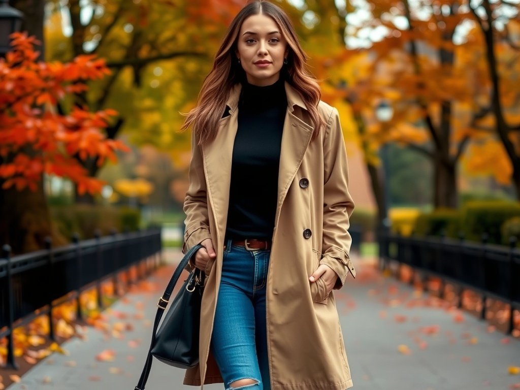 A woman wearing a classic trench coat and turtleneck, standing in a park with autumn leaves.