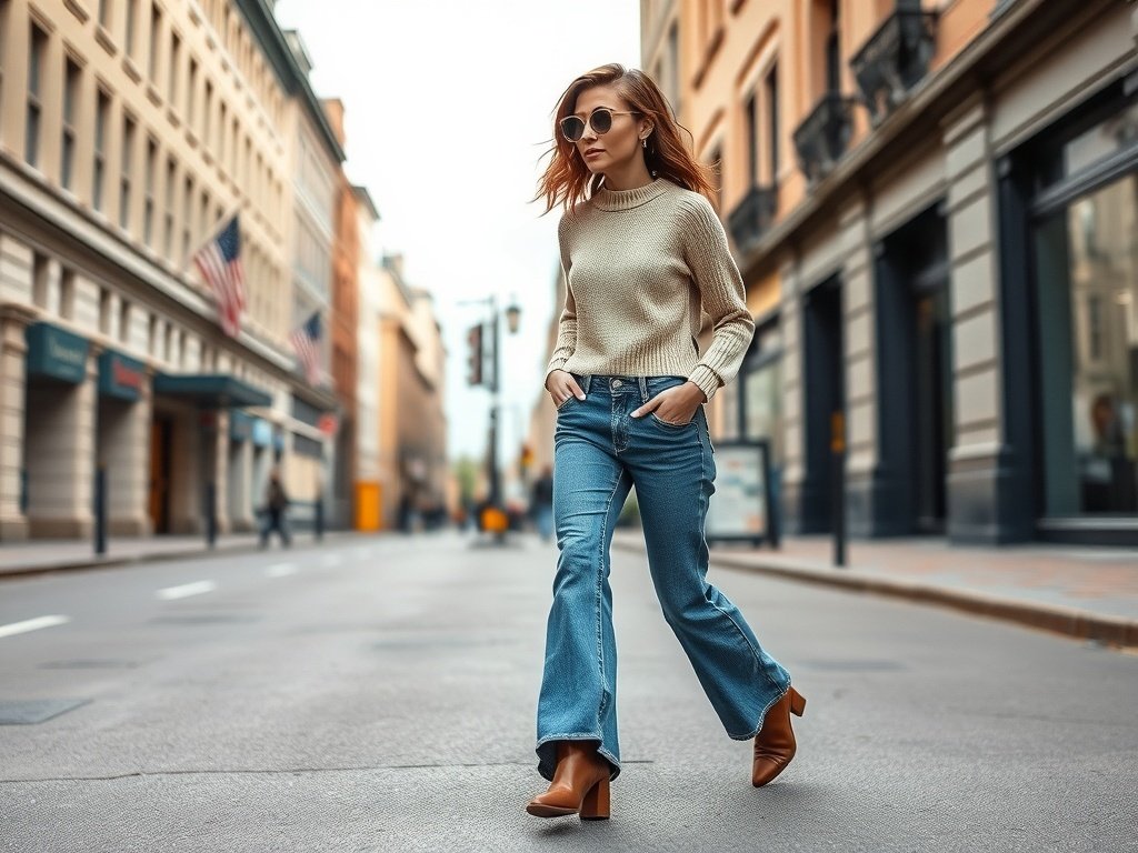 Fashion model wearing wide-leg jeans and a cropped sweater, walking in a city street