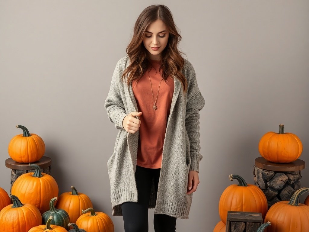 A woman wearing a chic oversized cardigan with leggings, standing next to pumpkins.