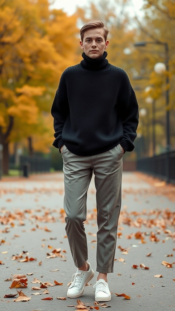 A model in a black oversized sweater and gray tailored trousers, standing on a leaf-covered path in autumn.