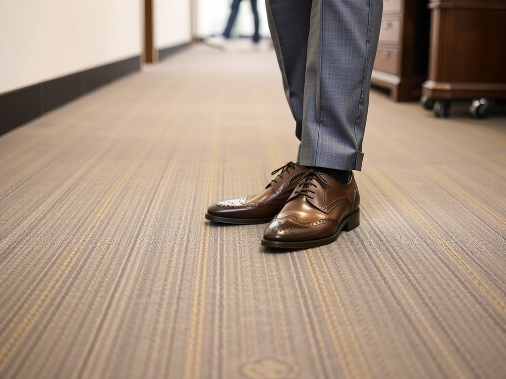 A close-up of a man wearing brown wingtip brogues, walking in an office corridor.