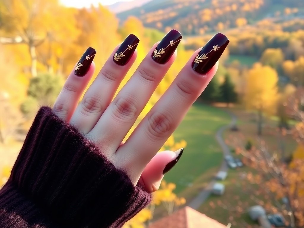 A close-up of a hand with rich burgundy nails against an autumn backdrop.