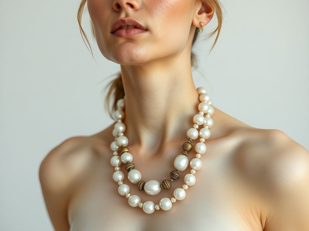 Close-up of a model wearing a layered pearlcore necklace with modern and textured elements.
