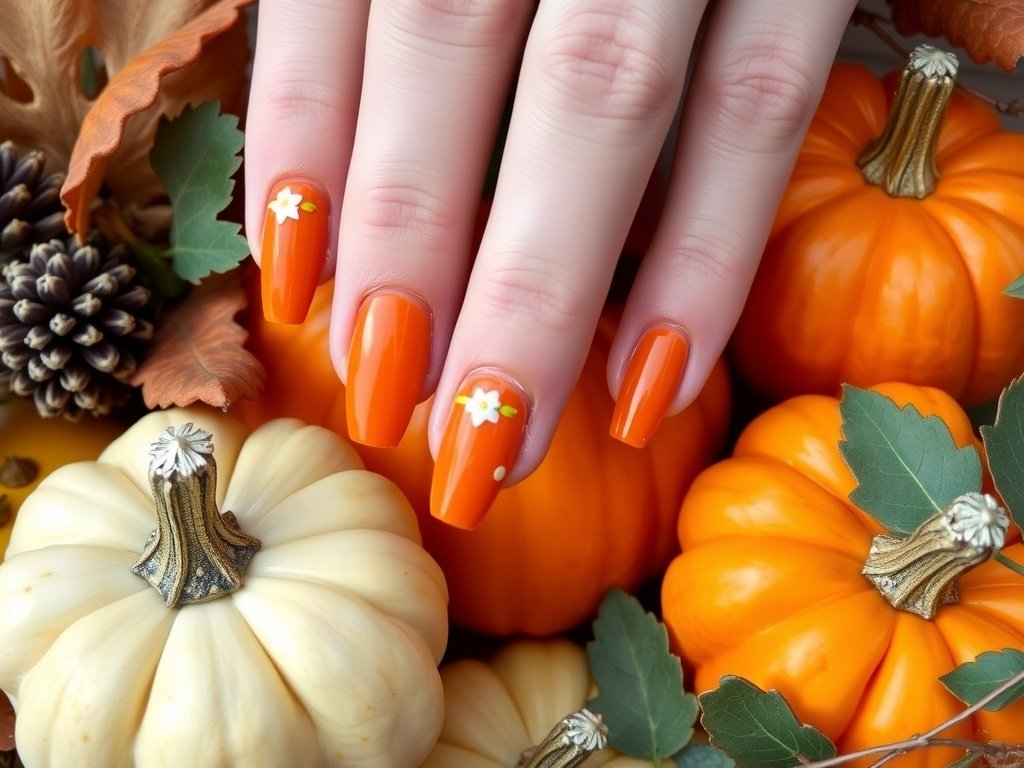 A model showcasing pumpkin spice nail art against a backdrop of pumpkins.