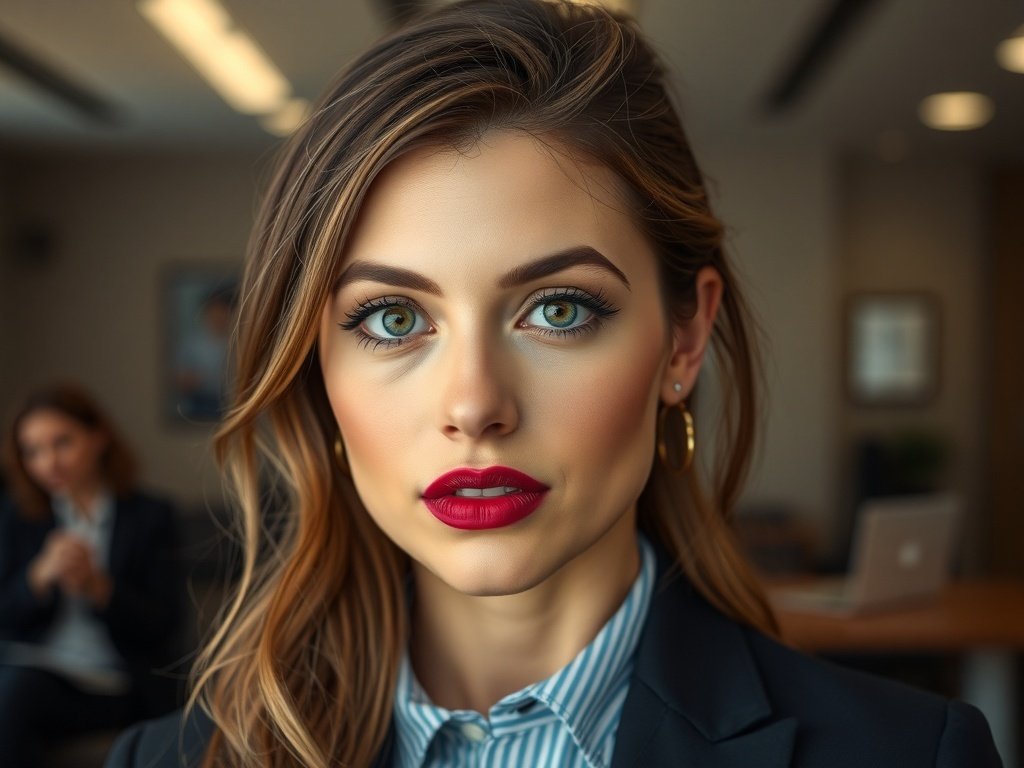 A woman with berry lips and minimal eye makeup, showcasing a polished office look.