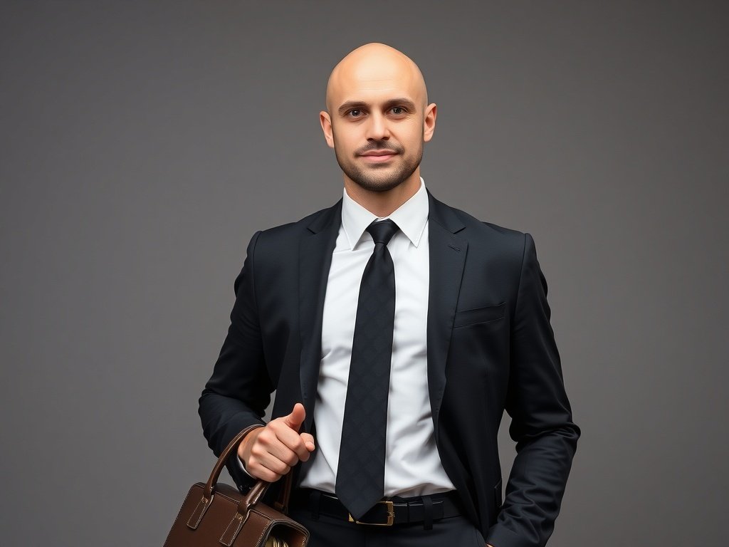 A confident businessman in a black suit, white shirt, and tie, holding a briefcase, standing against a plain background.