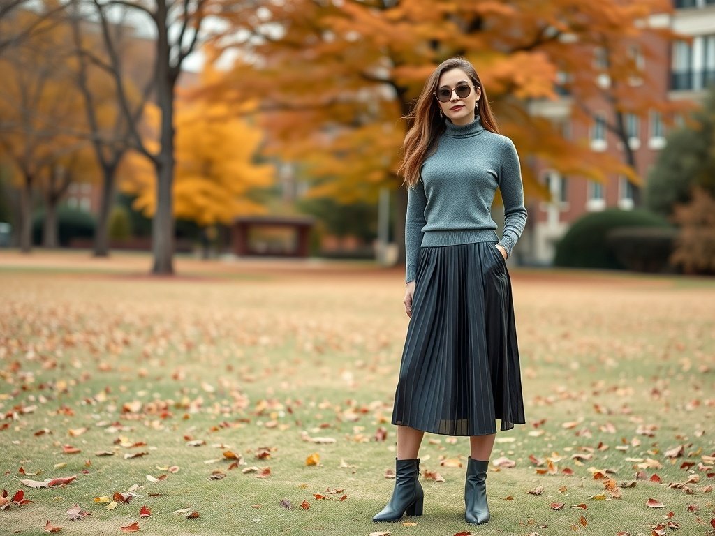 A model wearing a turtleneck sweater and pleated midi skirt in an autumn setting.