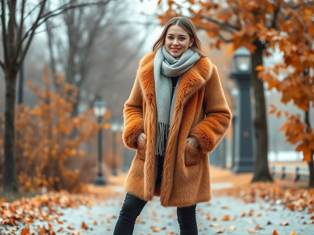 A fashion model wearing a stylish faux fur coat in chestnut color, paired with leggings, matching boots, and a light gray scarf, standing in a park with autumn leaves.