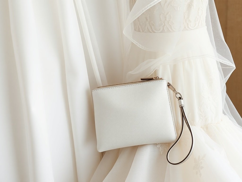 Ivory leather convertible purse-to-wristlet displayed against a bridal gown