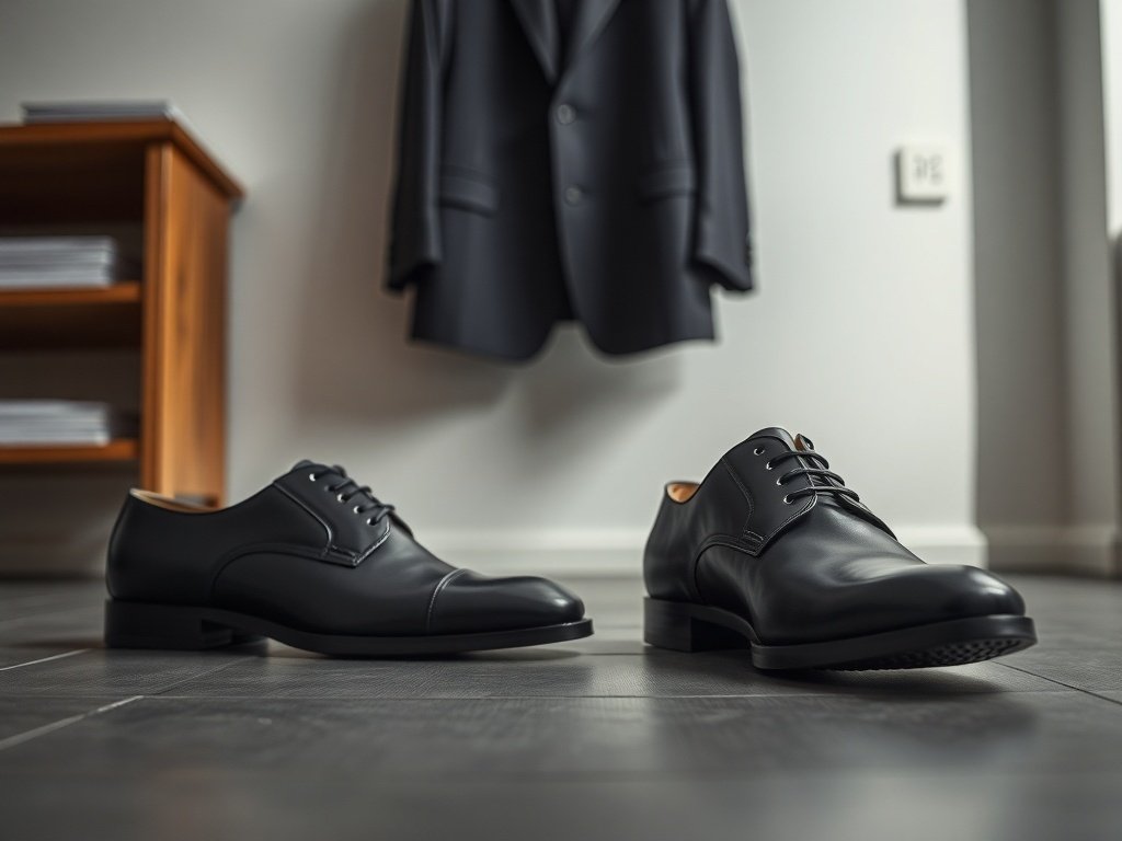 A pair of sleek black wholecut leather shoes displayed in an office setting with a blazer in the background.
