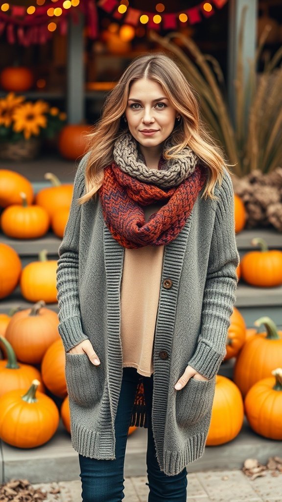 A woman wearing a gray cardigan and a colorful knit scarf, standing in front of pumpkins.