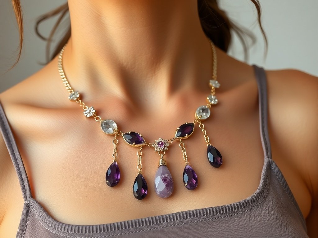 Close-up of a gemstone necklace featuring purple and clear crystals, elegantly displayed on a model.