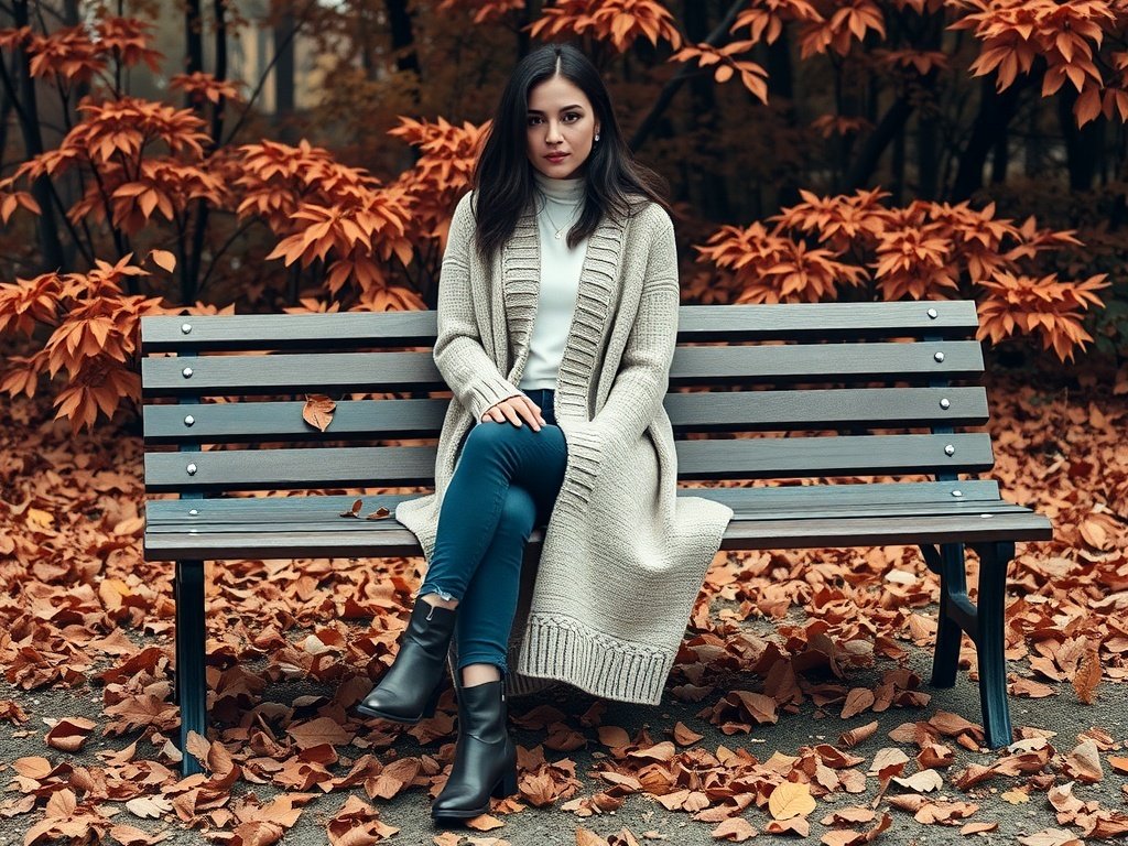 A model wearing a layered cardigan and ankle boots, sitting on a bench surrounded by autumn leaves.