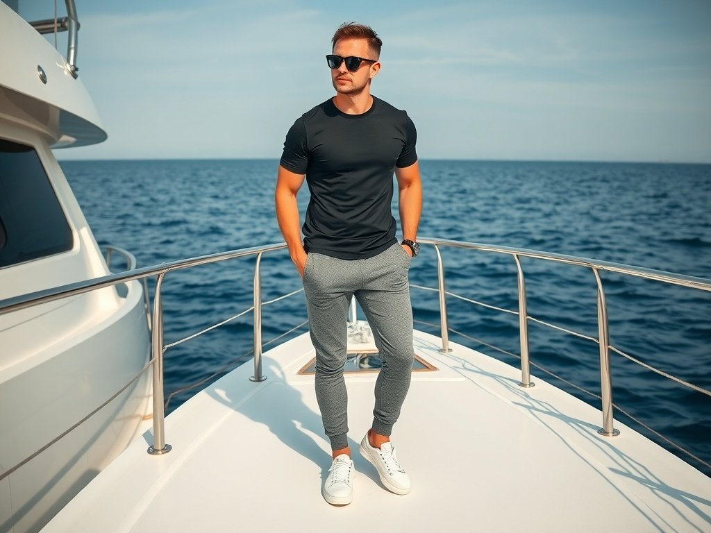 A man in a black t-shirt and gray joggers stands on a yacht, looking stylish with sunglasses and white sneakers.