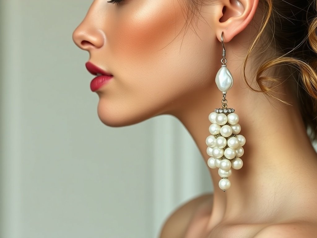 Close-up of a model wearing pearl cluster earrings, showcasing layered pearls in a stylish design.
