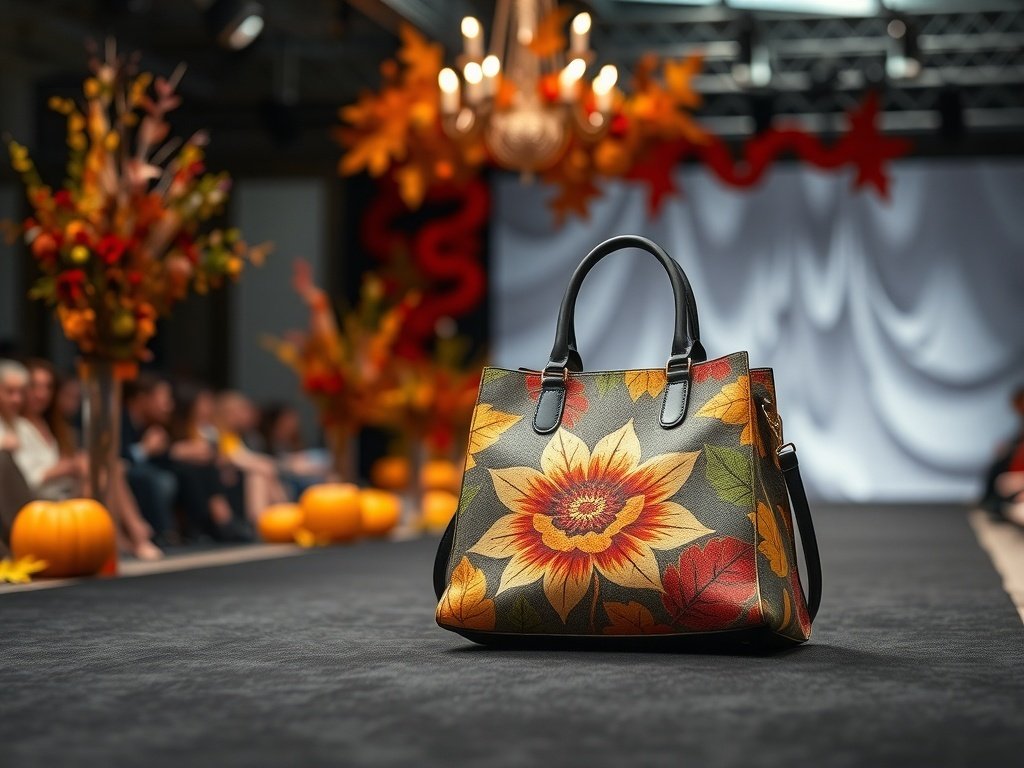 A stylish handbag with floral patterns on a runway, surrounded by autumn decorations.