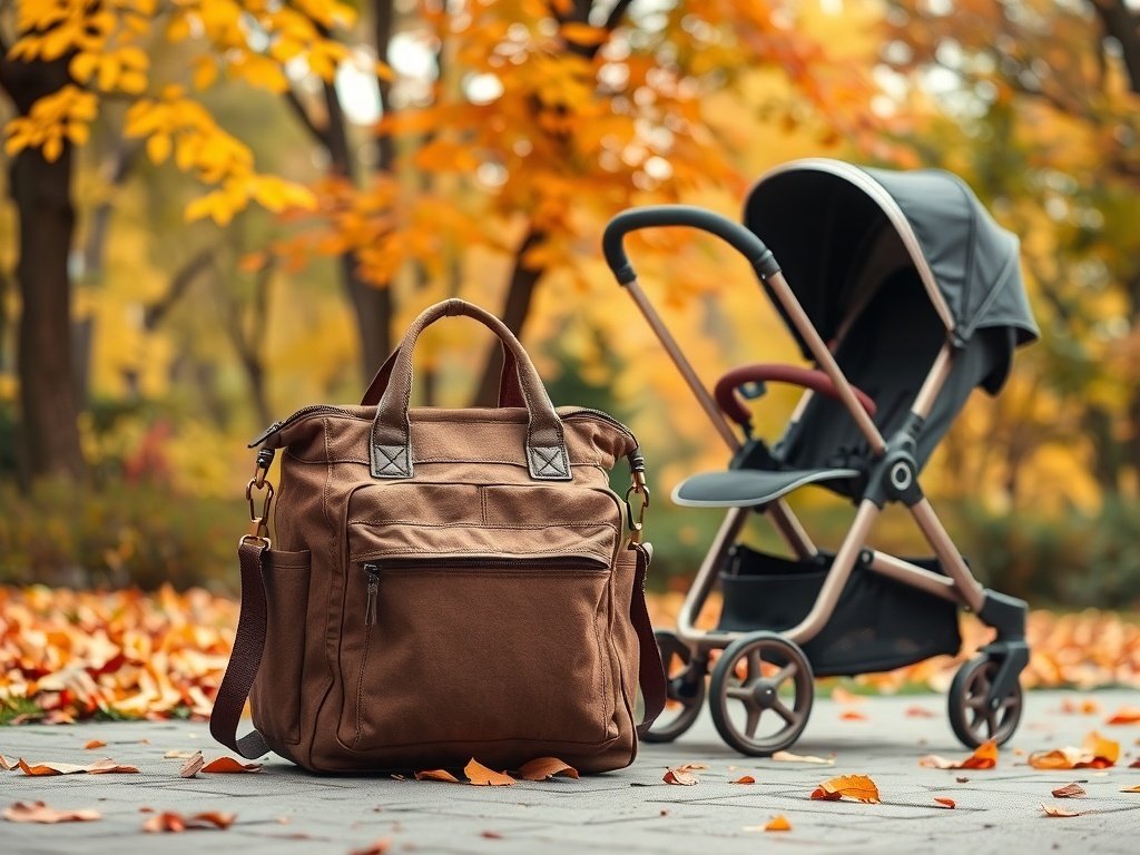 A stylish brown multi-functional diaper bag next to a stroller in a fall setting.