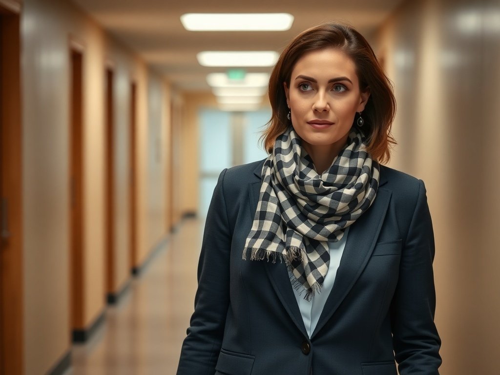 A woman in a blazer and checkered scarf walking down a corporate hallway.