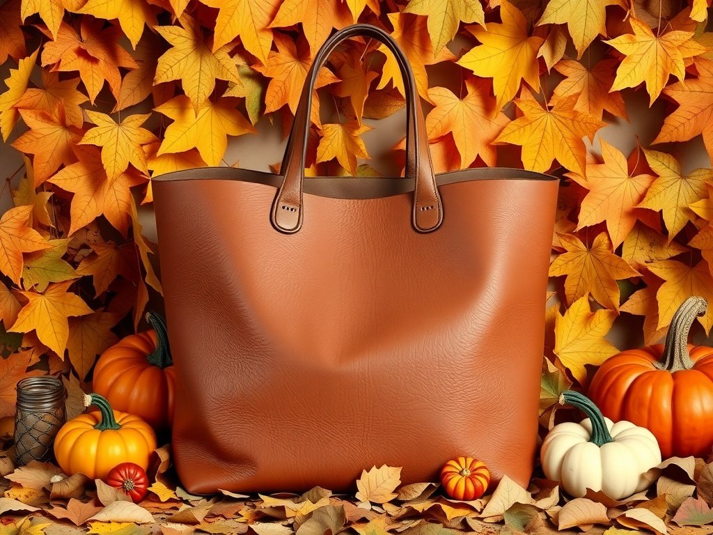 Chic leather tote bag surrounded by autumn leaves and pumpkins.