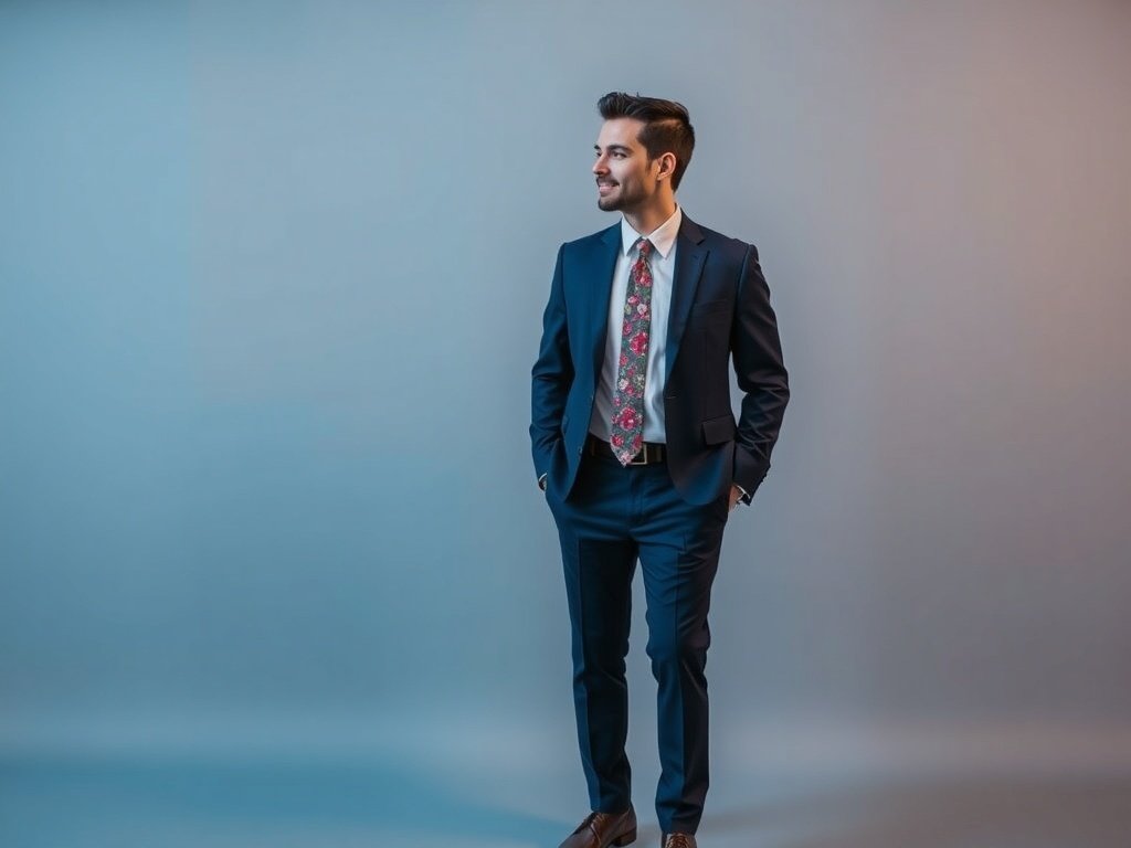 Man in a classic navy suit with a floral tie, looking sharp and stylish.