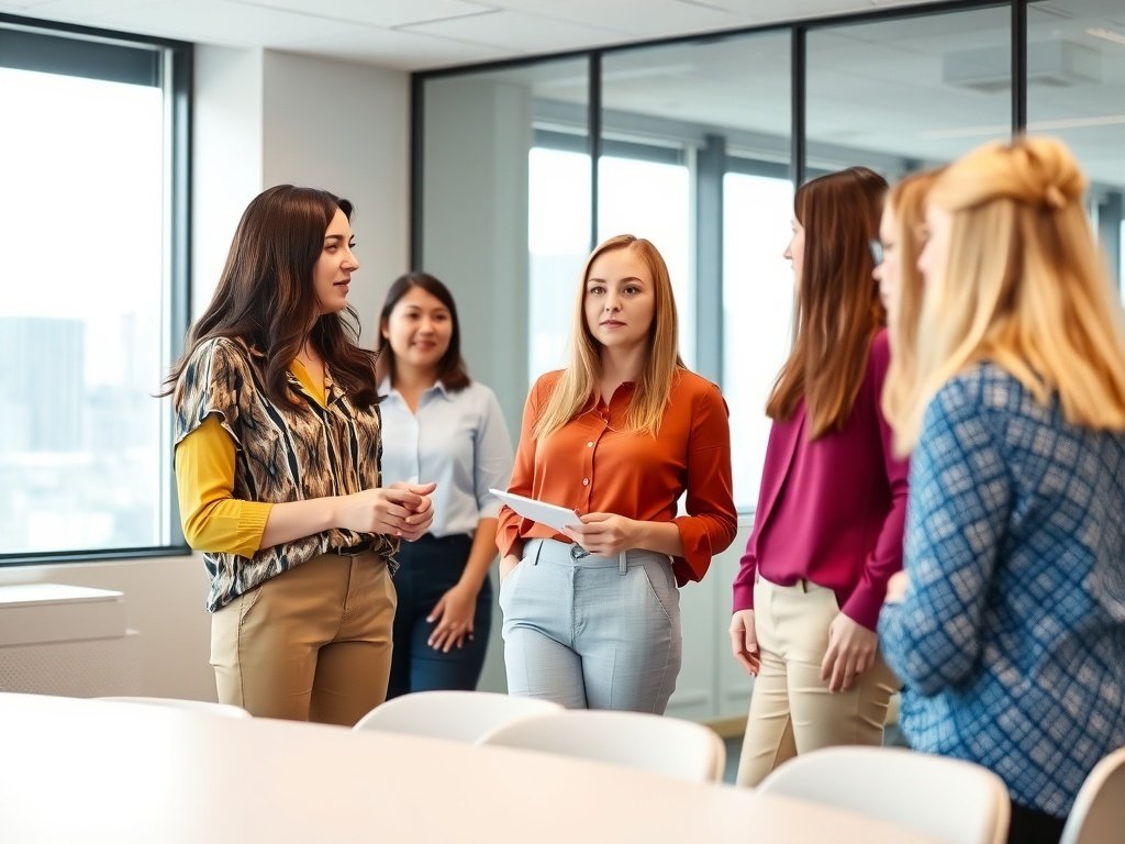 A woman wearing a patterned blouse and chinos in a corporate meeting setting.