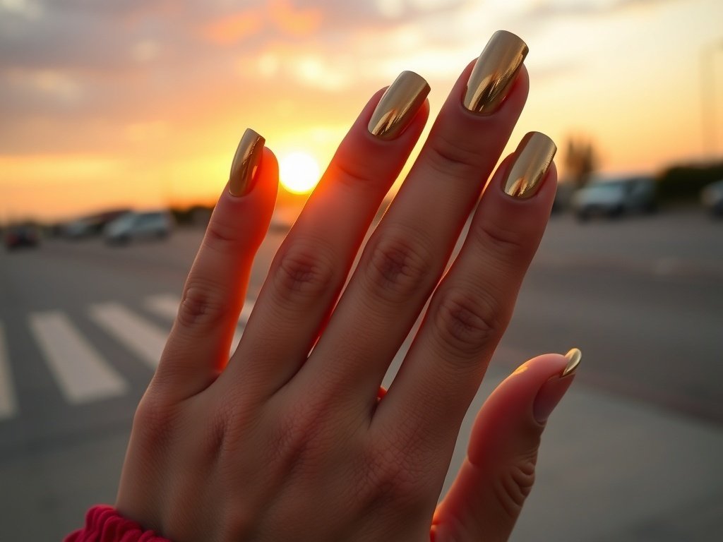 Close-up of a hand with metallic gold nail polish against a sunset background.