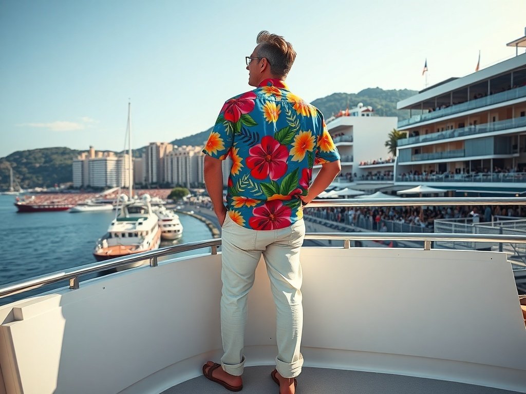 A man wearing a colorful floral short-sleeve shirt, standing on a yacht with a view of the harbor.