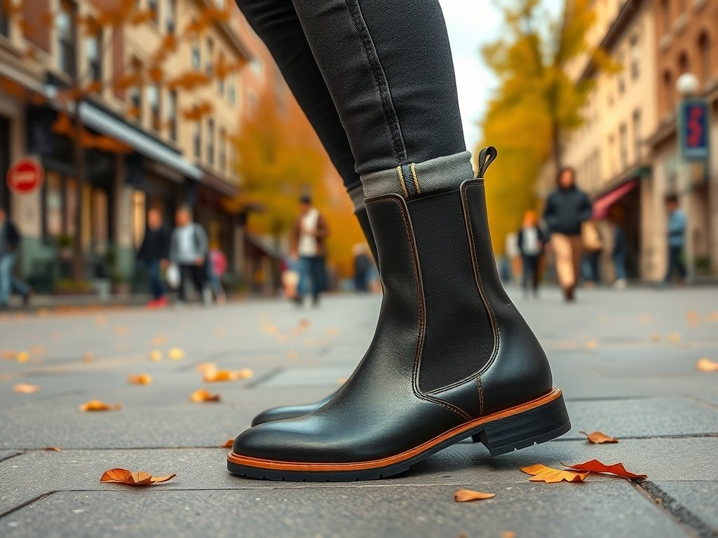A close-up of a black Chelsea boot with gold hardware, worn with fitted jeans, set against an autumn street scene.