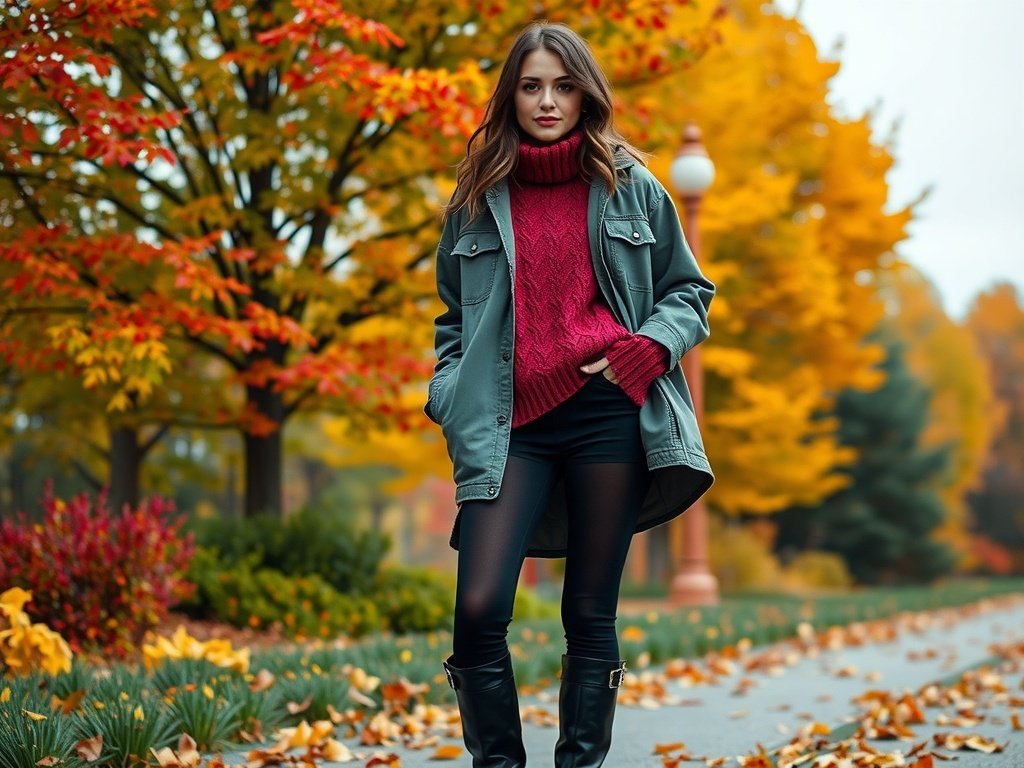 Fashion model in a utility jacket and chunky sweater against a backdrop of autumn foliage.