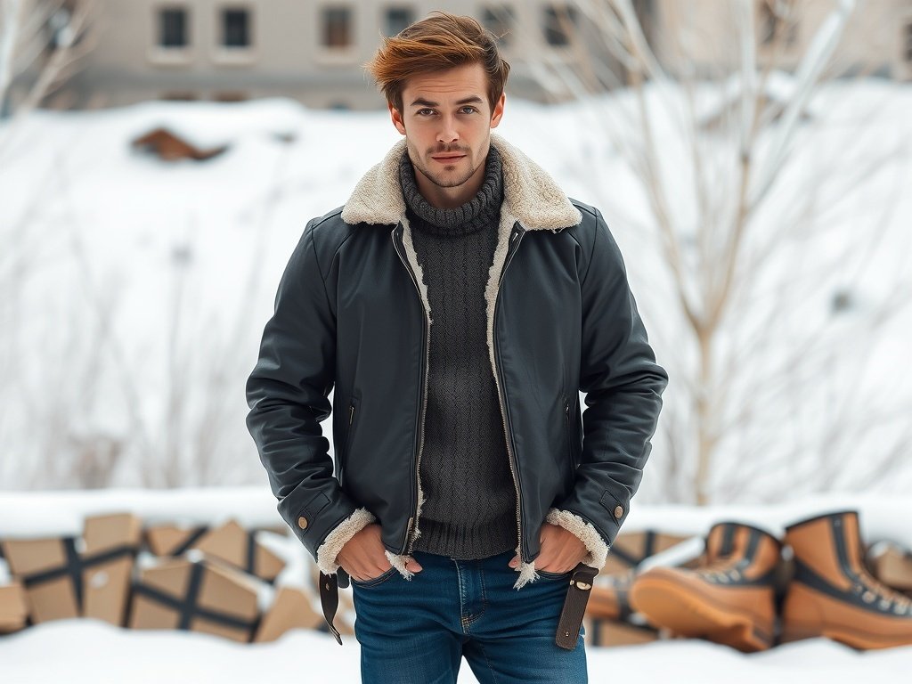 A man wearing a shearling lined leather jacket with denim jeans, standing in a snowy outdoor setting.