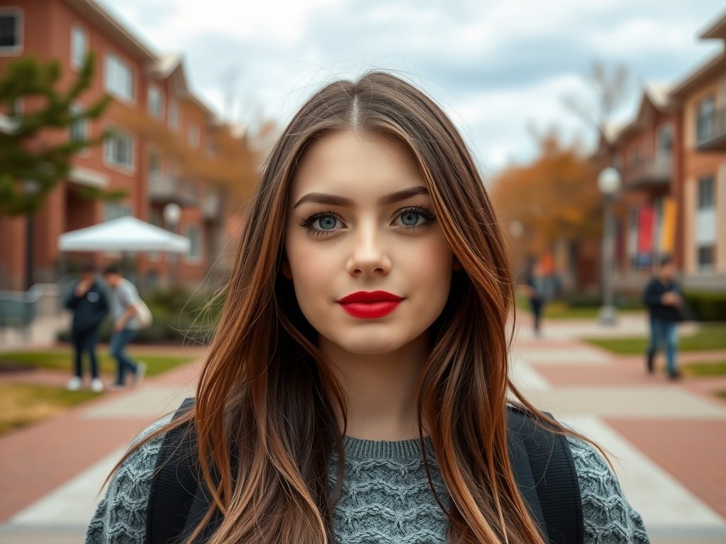 A college student with long hair and a bold red lip, standing in a campus setting.