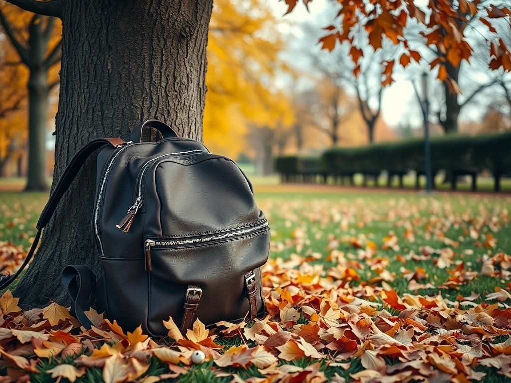 A stylish black backpack resting against a tree surrounded by autumn leaves.